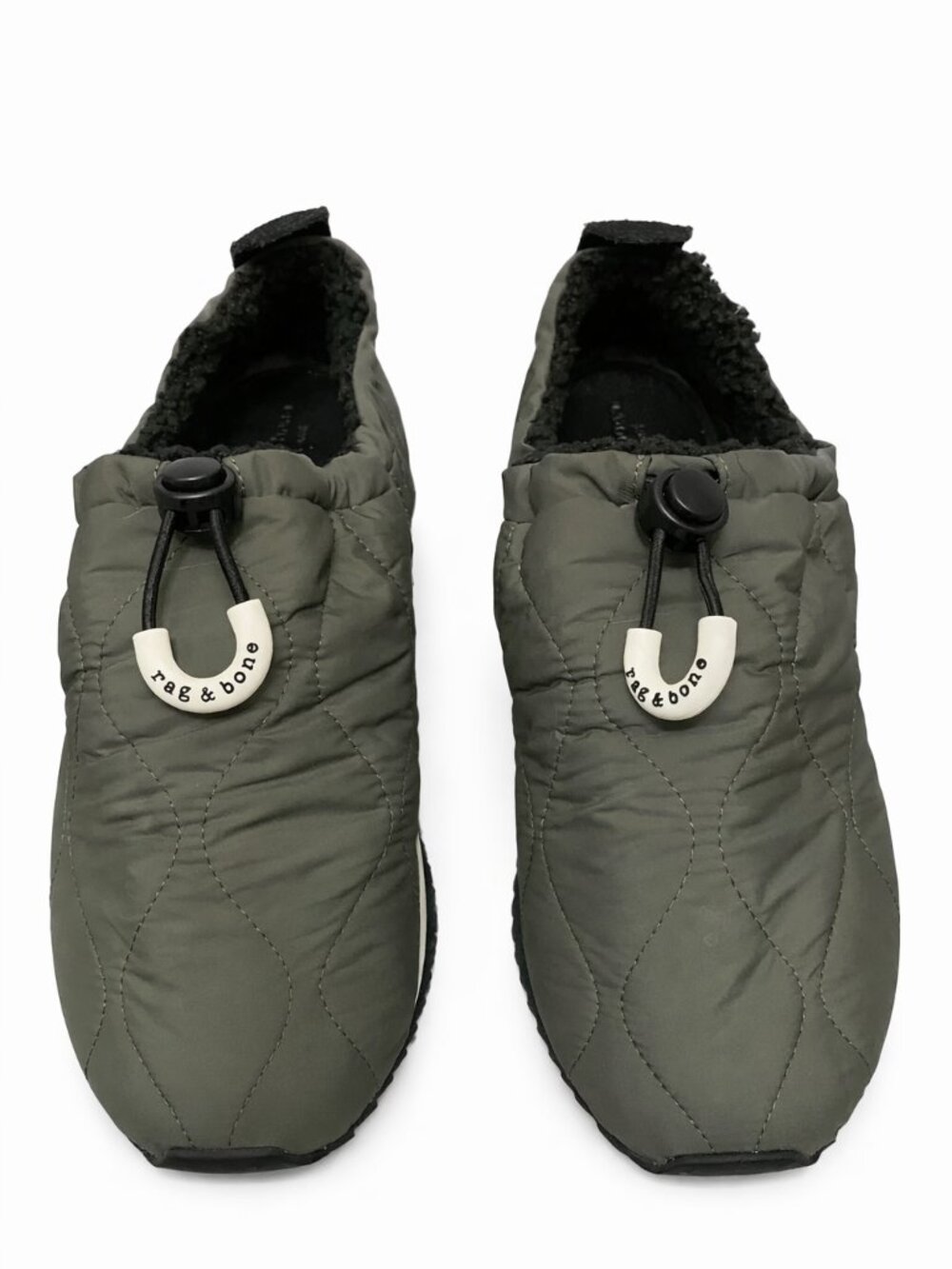 rag & bone Quilted Slip‑On Sneakers Olive Green Puffer Shoes Cozy Sherpa Lined
